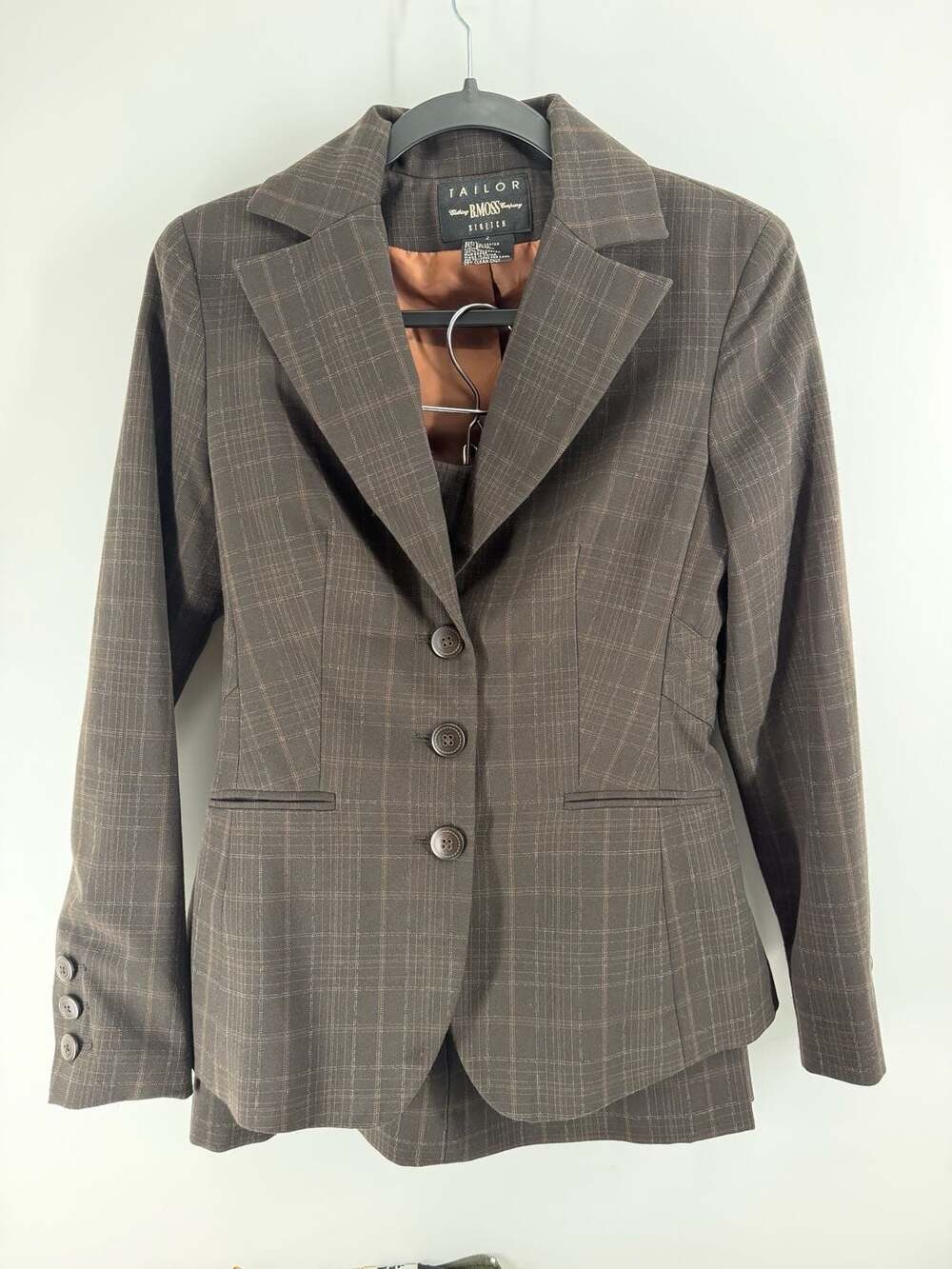 B. Moss Tailor Stretch Plaid Skirt Suit Set Size 2 Brown Y2K Dark Academia